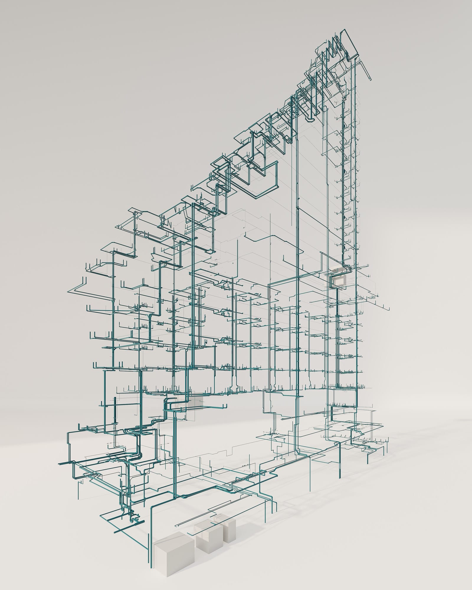 Modelo BIM isométrico completo de las instalaciones hidráulicas de un edificio, con tuberías resaltadas