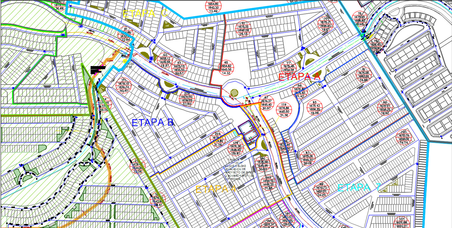 Plano hidráulico de un desarrollo proyectado por etapas A, B y C